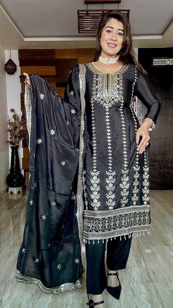 Buy Pure Chinon Silk Top-Pent and Dupatta Set with Heavy Embroidery - Image 6
