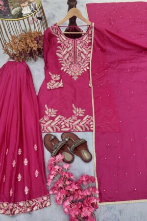 Shop Chinon Silk Embroidered Top Plazzo and Dupatta Set