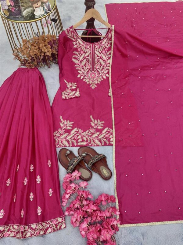 Shop Chinon Silk Embroidered Top Plazzo and Dupatta Set