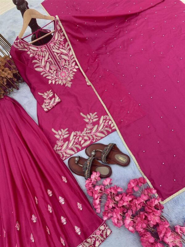 Shop Chinon Silk Embroidered Top Plazzo and Dupatta Set - Image 3