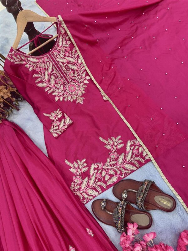 Shop Chinon Silk Embroidered Top Plazzo and Dupatta Set - Image 2