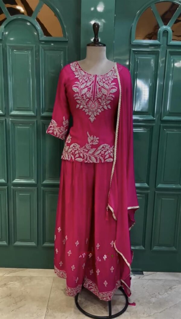 Shop Chinon Silk Embroidered Top Plazzo and Dupatta Set - Image 4