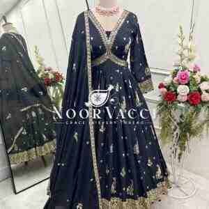 Aliya-Cut Chinon Silk Gown with Pant and Dupatta Set
