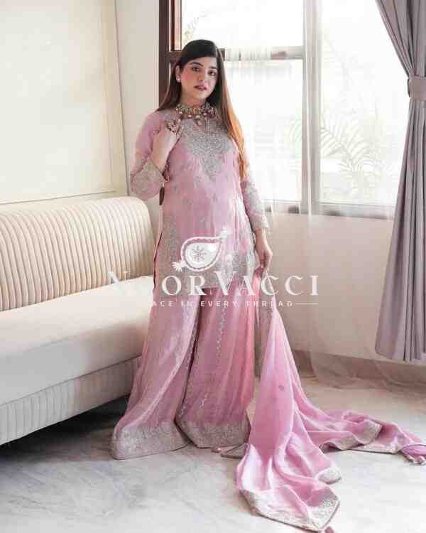 Heavy Chinon Silk Gharara Set with Embroidery & Rivet Moti Work