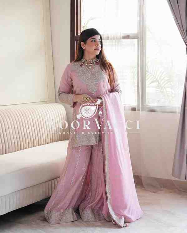 Heavy Chinon Silk Gharara Set with Embroidery & Rivet Moti Work - Image 2