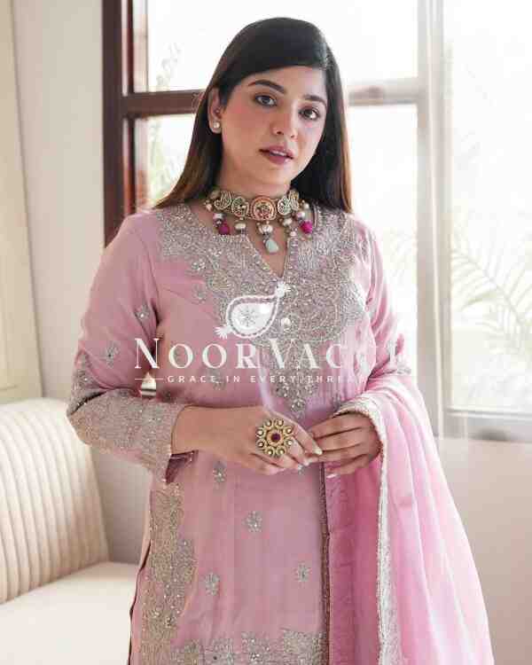 Heavy Chinon Silk Gharara Set with Embroidery & Rivet Moti Work - Image 3