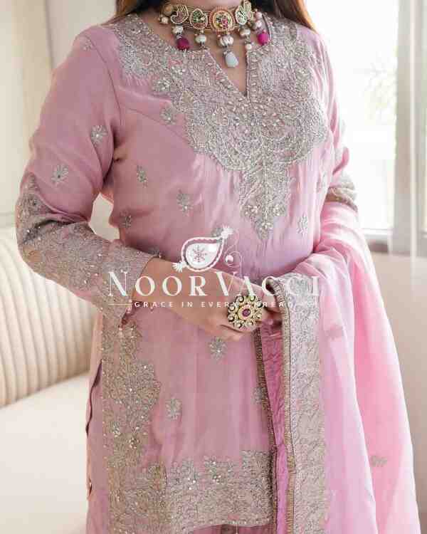 Heavy Chinon Silk Gharara Set with Embroidery & Rivet Moti Work - Image 4