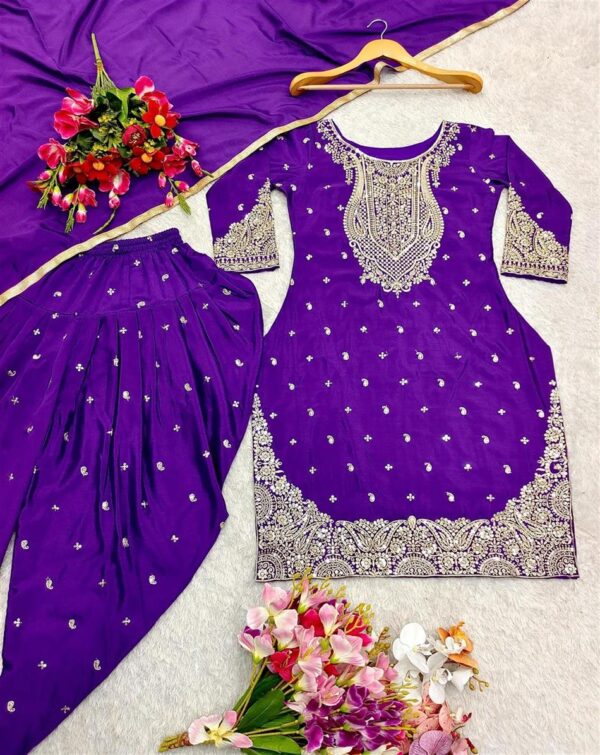 Shop Pure Cinon Silk Embroidered Top with Dhoti and Dupatta Set - Image 4