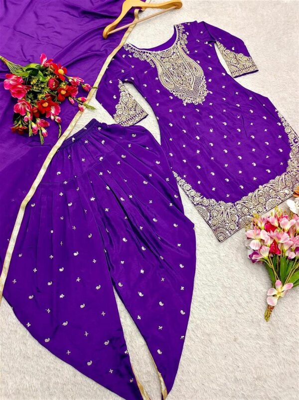 Shop Pure Cinon Silk Embroidered Top with Dhoti and Dupatta Set - Image 5