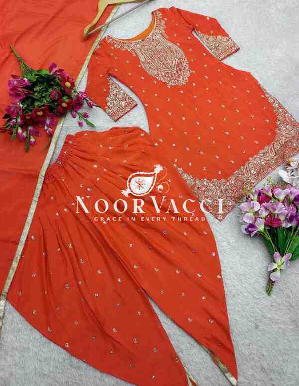 Pure Cinon Silk Embroidered Top with Dhoti and Dupatta Set - Image 5