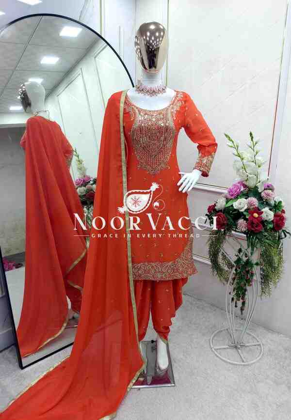 Pure Cinon Silk Embroidered Top with Dhoti and Dupatta Set
