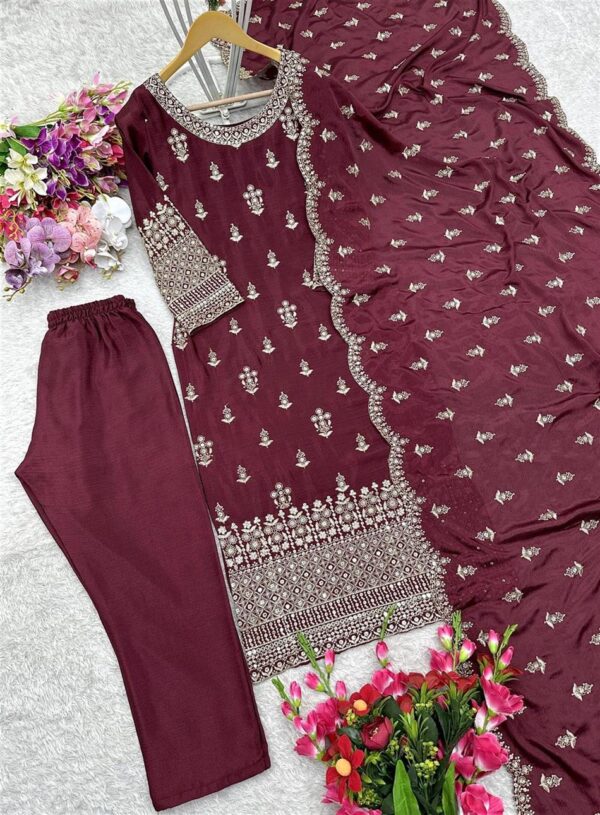 Shop Pure Cinon Silk Embroidered Top with Pant and Dupatta Set - Image 12