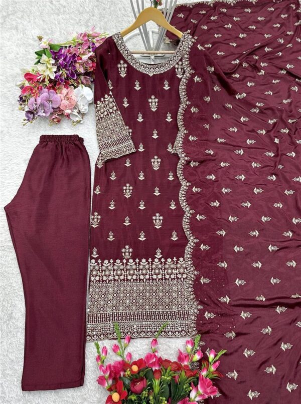 Shop Pure Cinon Silk Embroidered Top with Pant and Dupatta Set - Image 11