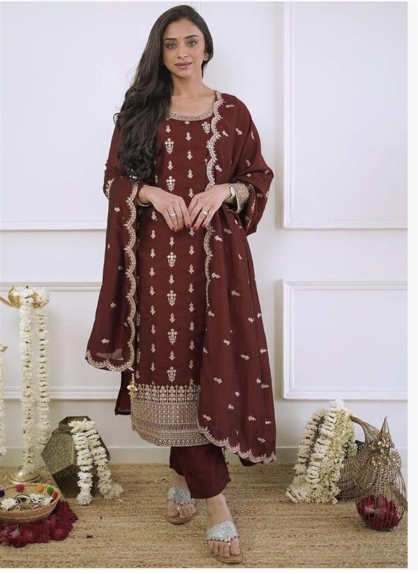 Shop Pure Cinon Silk Embroidered Top with Pant and Dupatta Set - Image 3