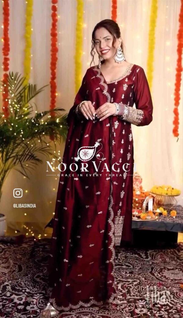 Shop Pure Cinon Silk Embroidered Top with Pant and Dupatta Set - Image 4