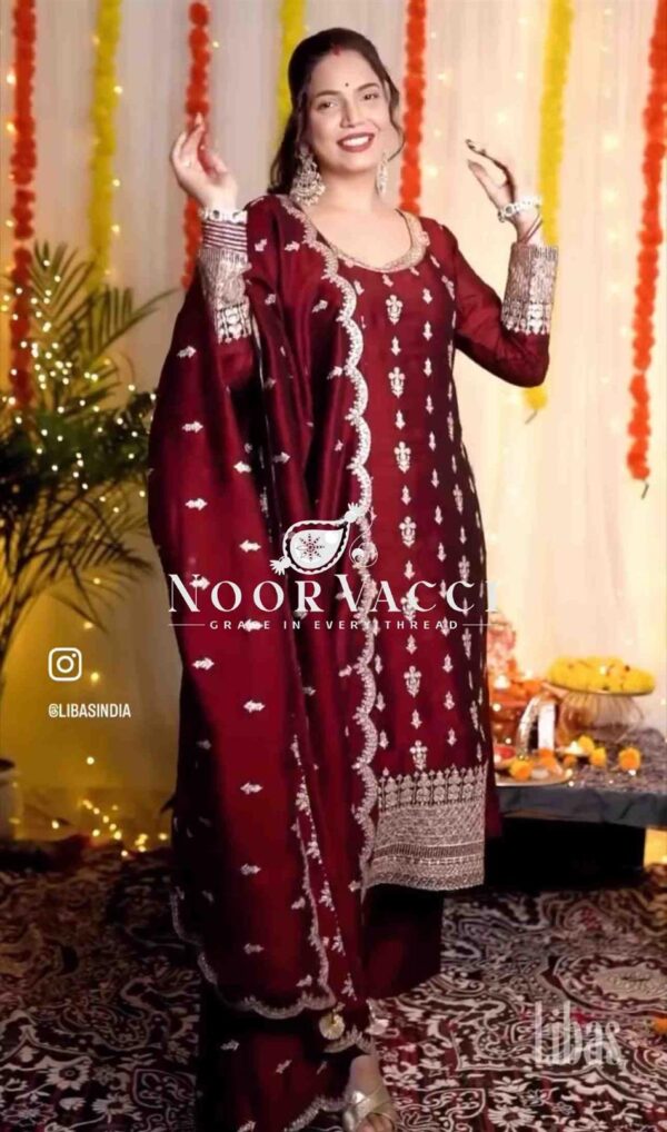 Shop Pure Cinon Silk Embroidered Top with Pant and Dupatta Set - Image 5