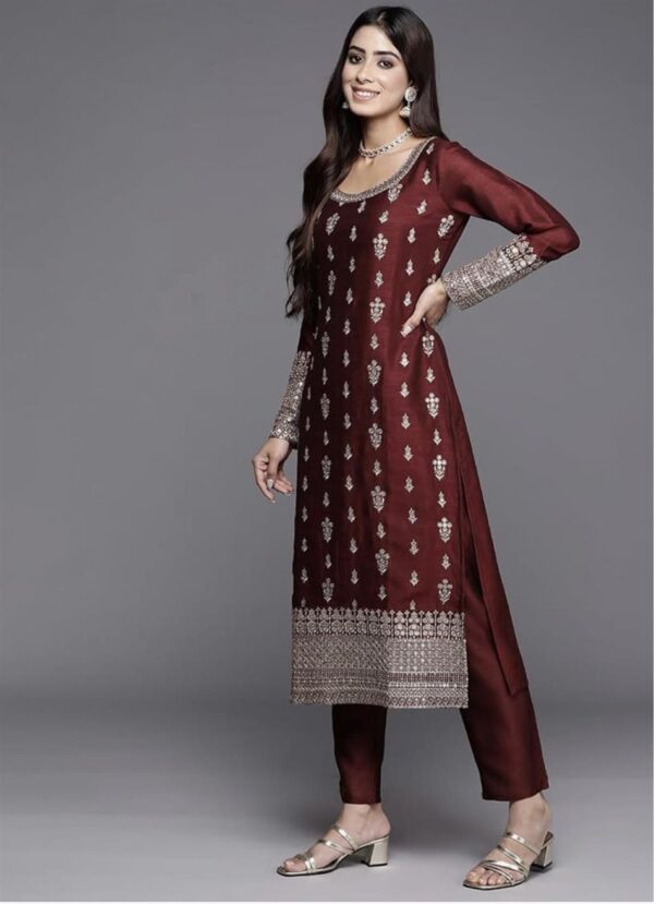 Shop Pure Cinon Silk Embroidered Top with Pant and Dupatta Set - Image 7