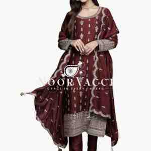 Pure Cinon Silk Embroidered Top with Pant and Dupatta Set