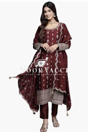 Shop Pure Cinon Silk Embroidered Top with Pant and Dupatta Set