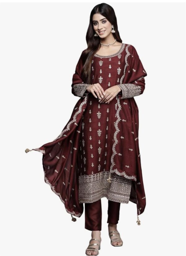 Shop Pure Cinon Silk Embroidered Top with Pant and Dupatta Set
