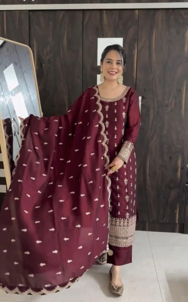 Shop Pure Cinon Silk Embroidered Top with Pant and Dupatta Set - Image 8