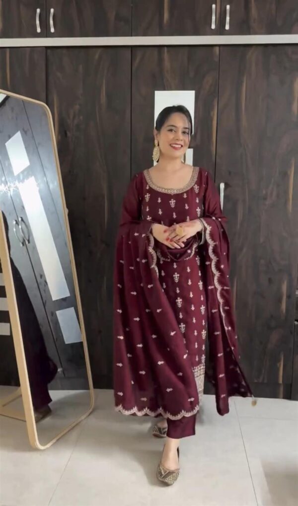 Shop Pure Cinon Silk Embroidered Top with Pant and Dupatta Set - Image 9