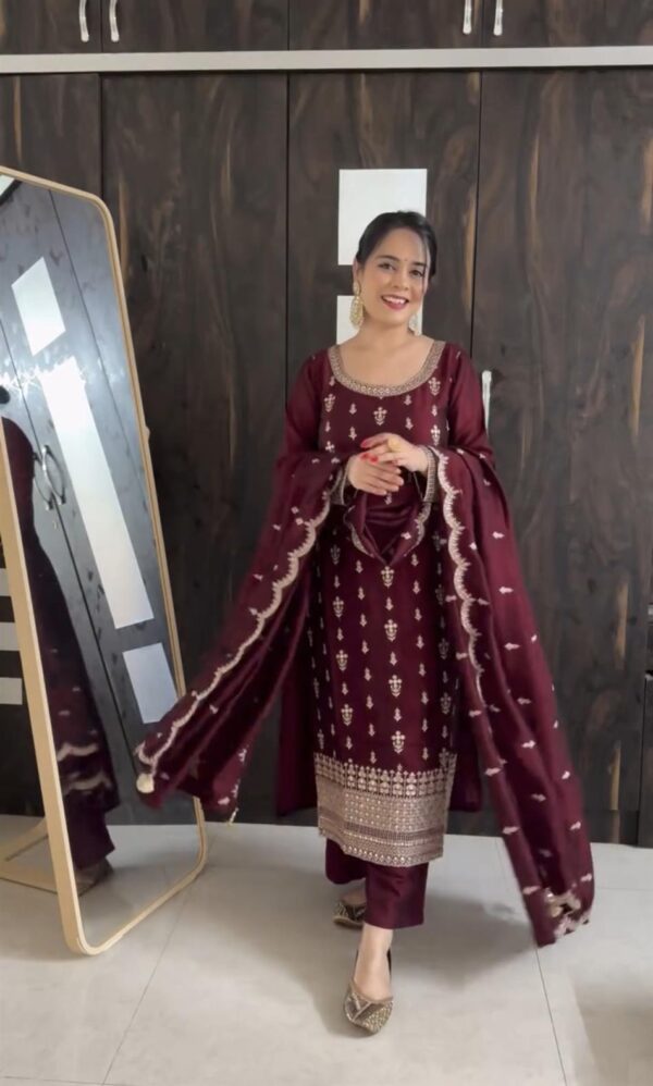 Shop Pure Cinon Silk Embroidered Top with Pant and Dupatta Set - Image 10