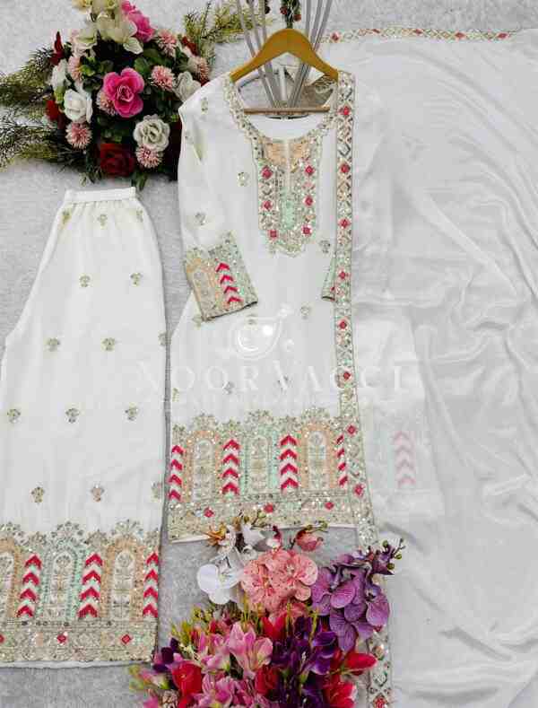 Pure Cinon Silk Embroidered Top with Palazzo and Dupatta - Image 5