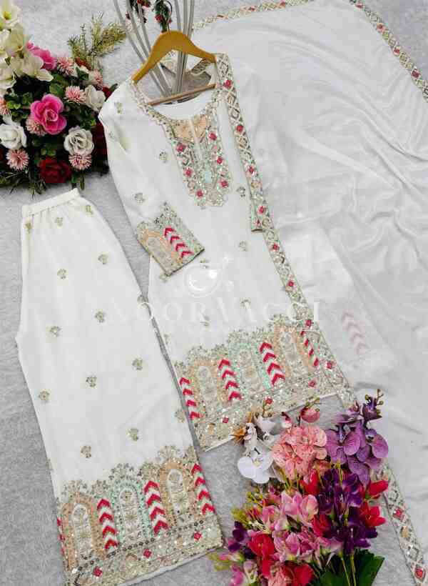 Pure Cinon Silk Embroidered Top with Palazzo and Dupatta - Image 6
