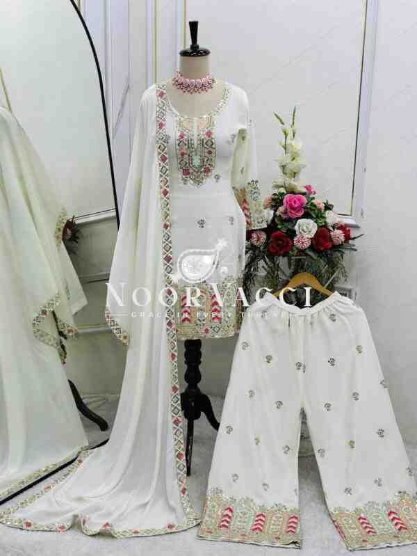 Pure Cinon Silk Embroidered Top with Palazzo and Dupatta - Image 2