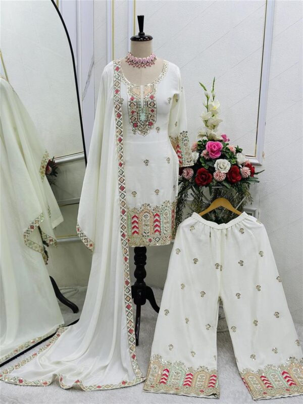 Buy Pure Cinon Silk Embroidered Top with Palazzo and Dupatta - Image 2
