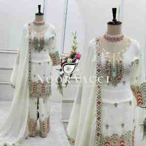 Pure Cinon Silk Embroidered Top with Palazzo and Dupatta