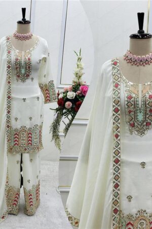 Buy Pure Cinon Silk Embroidered Top with Palazzo and Dupatta