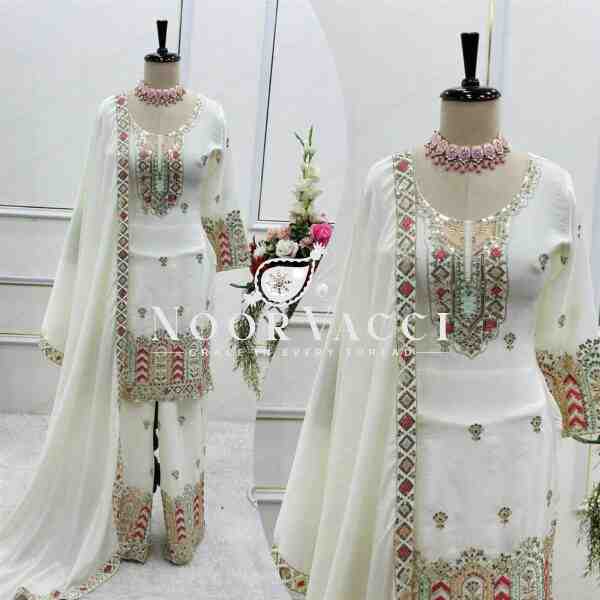 Pure Cinon Silk Embroidered Top with Palazzo and Dupatta