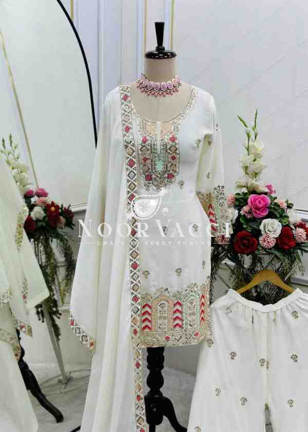 Pure Cinon Silk Embroidered Top with Palazzo and Dupatta - Image 3