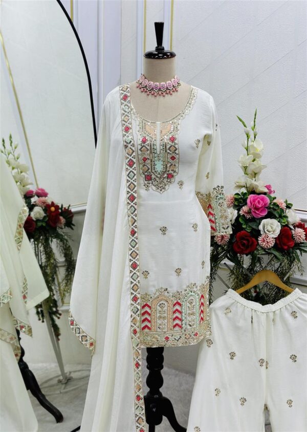 Buy Pure Cinon Silk Embroidered Top with Palazzo and Dupatta - Image 3