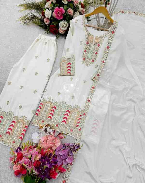 Pure Cinon Silk Embroidered Top with Palazzo and Dupatta - Image 4