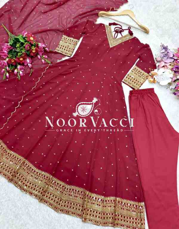 Pure Fox Georgette Embroidered Gown with Pant and Dupatta - Image 7