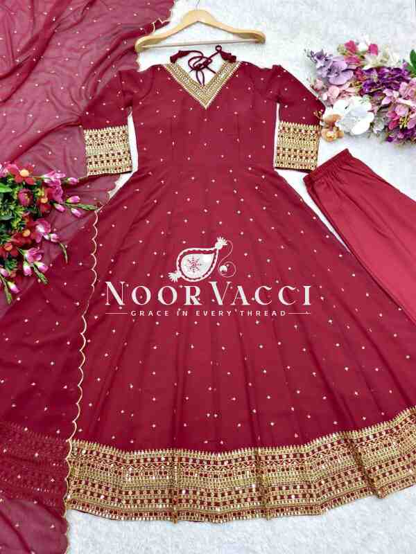Pure Fox Georgette Embroidered Gown with Pant and Dupatta - Image 4