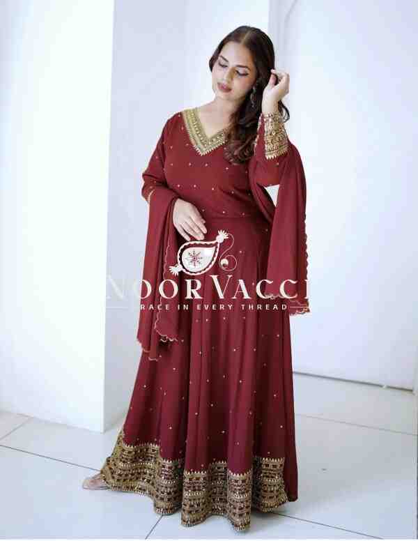 Pure Fox Georgette Embroidered Gown with Pant and Dupatta - Image 2