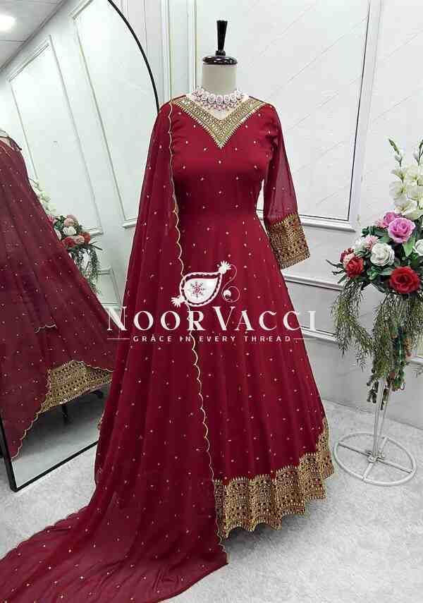 Pure Fox Georgette Embroidered Gown with Pant and Dupatta - Image 6