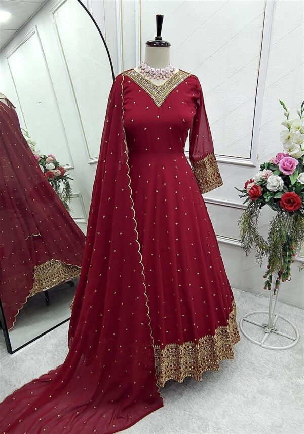 Shop Pure Fox Georgette Embroidered Gown with Pant and Dupatta - Image 6
