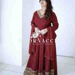 Pure Fox Georgette Embroidered Gown with Pant and Dupatta