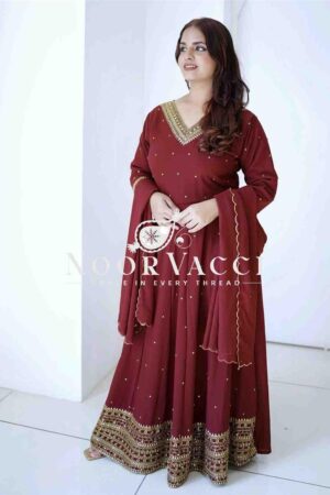 Shop Pure Fox Georgette Embroidered Gown with Pant and Dupatta