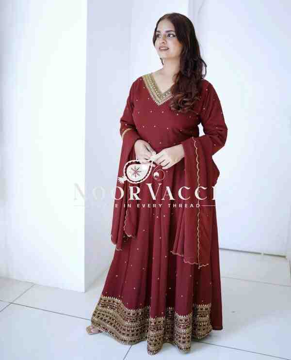 Pure Fox Georgette Embroidered Gown with Pant and Dupatta
