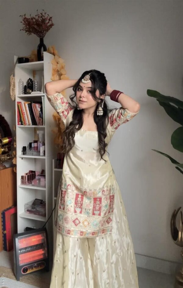 Shop Chinon Silk Embroidered Gharara Set with Dupatta - Image 4