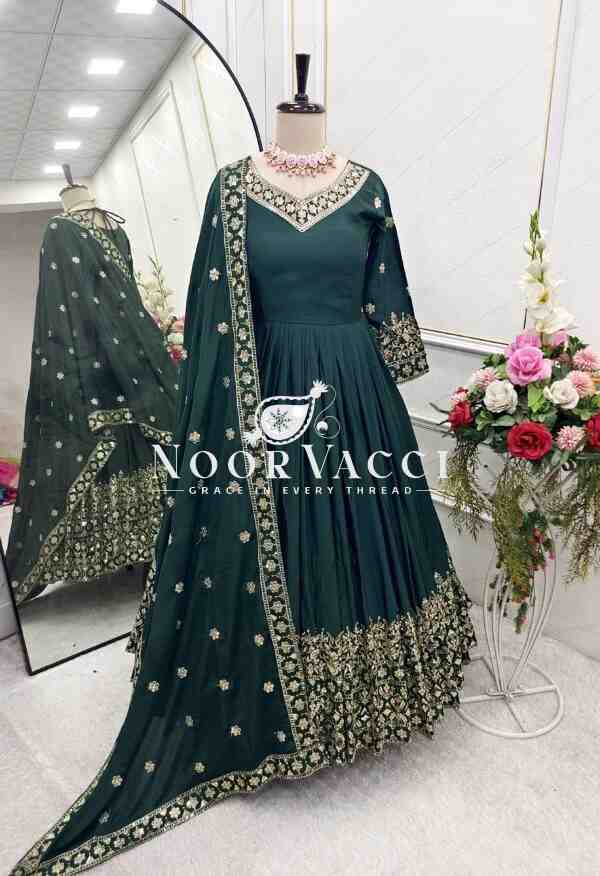Pure Cinon Silk Embroidered Gown with Pant and Dupatta - Image 4
