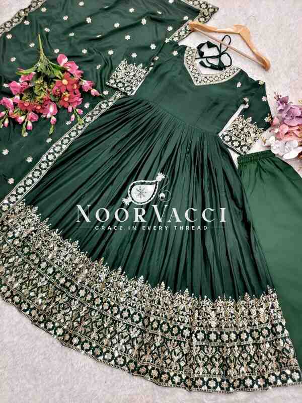 Pure Cinon Silk Embroidered Gown with Pant and Dupatta - Image 6