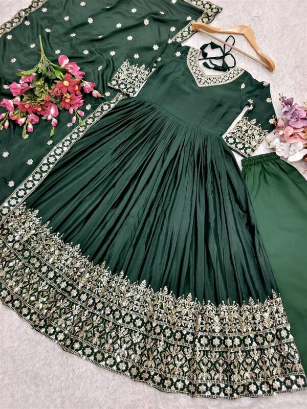 Buy Pure Cinon Silk Embroidered Gown with Pant and Dupatta - Image 6