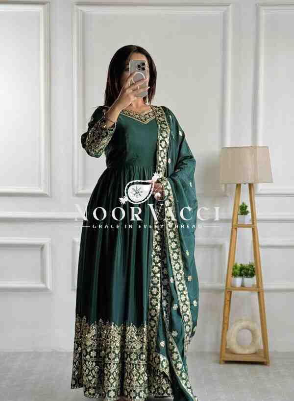 Pure Cinon Silk Embroidered Gown with Pant and Dupatta - Image 2